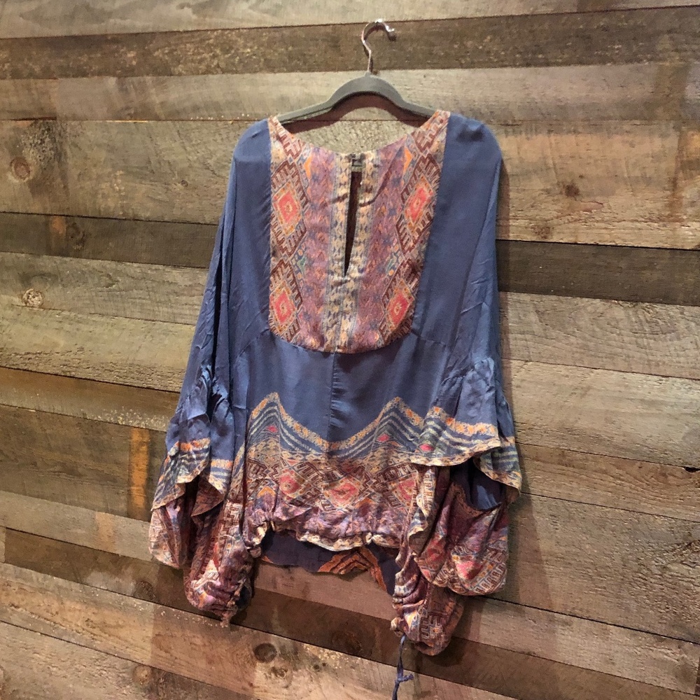 FREE PEOPLE ONE | Blue multi printed drawstring bottom top
